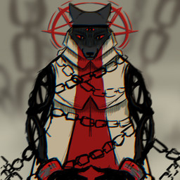 3_eyes alternate_species anthro biped bound chain chained clothed clothing grin looking_at_viewer male multi_eye pointy_ears prick_ears red_eyes smile solo heca-teaa cult_of_the_lamb massive_monster_(studio) narinder canid canine canis mammal wolf 1:1 2024 hi_res