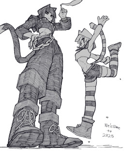 bangs blunt_bangs boots bottomwear breasts chain cigarette cigarette_smoke clothing crop_top duo female footwear hair hat headgear headwear holding_cigarette holding_object legwear long_sleeves looking_at_viewer looking_down looking_down_at_viewer low-angle_view markings midriff navel on_one_leg one_eye_closed pants pattern_clothing pattern_legwear pattern_thigh_highs pupils raised_arm raised_leg shirt shoes short_hair shorts slit_pupils smoke smoking smoking_cigarette standing striped_clothing striped_legwear striped_markings striped_tail striped_thigh_highs stripes tail tail_markings text thigh_highs topwear bone_nigi animal_humanoid cat_humanoid felid felid_humanoid feline feline_humanoid humanoid mammal mammal_humanoid 2025 dated digital_drawing_(artwork) digital_media_(artwork) english_text full-length_portrait greyscale hatching_(art) hi_res monochrome portrait shaded