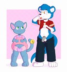 age_difference anthro balls blue_body blue_fur blush chastity_cage chastity_device clothed clothing diaper duo flaccid foreskin fur genitals lock male male/male padlock penis pink_clothing pink_diaper presenting presenting_penis simple_background size_difference wearing_diaper young young_anthro younger_male wolfyzeeb island_(character) lepkitty domestic_cat felid feline felis mammal mustelid otter absurd_res hi_res