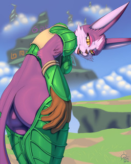 anthro armor boots bottomless butt clothed clothing collar female fluffy_shoulders footwear fur legwear long_ears orange_eyes pupils purple_body purple_fur shoes slit_pupils solo thigh_boots thigh_highs whiskers white_body white_fur sacrificabominat .hack cyberconnect2 mia_(.hack) felid feline mammal hi_res