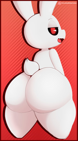 ambiguous_anthro ambiguous_gender anthro big_butt biped black_sclera border brown_eyebrows butt eyebrows fangs fur glistening glistening_eyes half-closed_eyes huge_butt logo long_ears looking_at_viewer looking_back looking_back_at_viewer narrowed_eyes nude nude_ambiguous nude_anthro open_mouth rear_view red_background red_border red_eyes scut_tail short_tail simple_background solo standing tail teeth text thin_eyebrows tongue white_body white_fur white_tail pancakesbakecakes chikn_nuggit iscream_(chikn_nuggit) lagomorph leporid mammal rabbit 2025 absurd_res artist_logo artist_name digital_media_(artwork) hi_res nonbinary_(lore)