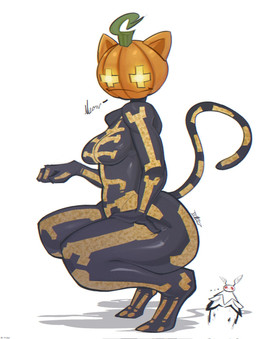 anthro big_butt bodysuit breasts butt cat_tail clothing crouching female food for_a_head fruit hand_on_leg hand_on_thigh meow paw_pose plant pose pumpkin pumpkin_head simple_background skinsuit solo text thick_thighs tight_clothing ragnarok_avv epic_games fortnite fortnite:_battle_royale spice_(fortnite) animal_humanoid felid felid_humanoid feline feline_humanoid humanoid mammal mammal_humanoid object_head english_text hi_res