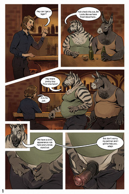 age_difference animal_genitalia animal_penis anthro bar big_penis body_hair chest_hair comic_panel elderly equine_genitalia equine_penis genitals group male male/male overweight overweight_anthro overweight_male penetration penis questionable_consent sheath stripes trio younger_penetrated selezneva asinus donkey equid equine human mammal zebra comic hi_res