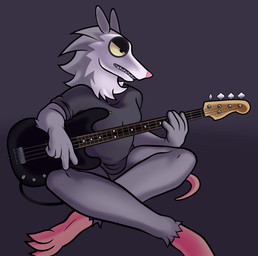 anthro bass_guitar female fur grey_body grey_fur guitar larger_female musical_instrument playing_music plucked_string_instrument raru_(lewdraru) sharp_teeth sitting size_difference solo string_instrument teeth lewdraru american_opossum mammal marsupial absurd_res hi_res