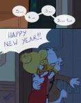 anthro clothing dialogue door doorknob eyewear female glasses holidays kissing male small_glasses speech_bubble text koizumi-marichan disney ducktales ducktales_(2017) new_year goldie_o'gilt scrooge_mcduck anatid anseriform avian bird duck comic english_text hi_res