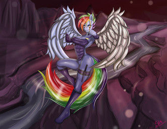 anthro anthrofied armor bionic_wing bionics blue_body blue_feathers clothing cybernetic_wing cybernetics dagger feathered_wings feathers female flying hair machine mechanical_wings melee_weapon multicolored_hair rainbow_hair scar solo weapon wings sixpathoffriendship friendship_is_magic hasbro my_little_pony mythology rainbow_dash_(mlp) equid equine mammal mythological_creature mythological_equine pegasus 2016 absurd_res hi_res