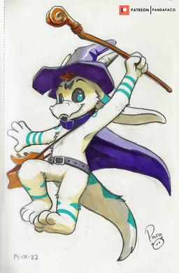 anthro belt black_belt blue_markings cape closed_smile clothing ear_markings fangs featureless_crotch front_view fur glistening glistening_eyes hat headgear headwear holding_object holding_staff leg_markings logo looking_at_viewer magic_user male markings mostly_nude mouth_closed purple_cape purple_clothing purple_hat purple_headwear smile solo staff striped_arms tail tail_markings teeth white_body white_fur young young_anthro young_male pandapaco mythology dragon furred_dragon furred_scalie mythological_creature mythological_scalie scalie 2023 artist_logo dated hi_res signature