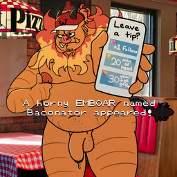 anthro balls bodily_fluids body_hair clothing cum cum_drip dripping electronics fire genital_fluids genitals hairy_balls hat headgear headwear holding_object holding_phone looking_at_viewer male nipples nude overweight overweight_anthro overweight_male phone slightly_chubby slightly_chubby_male solo stock_image_background stretch_marks tail text baconatordeluxe nintendo pokemon baconator_(character) emboar generation_5_pokemon mammal pokemon_(species) suid suine sus_(pig) wild_boar 1:1 english_text hi_res
