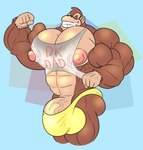 abs anthro balls biceps big_muscles big_nipples bodily_fluids brown_body brown_fur bulge clothed clothing fingers flexing flexing_bicep fur genitals huge_muscles huge_nipples hyper hyper_muscles hyper_nipples male muscular muscular_anthro muscular_male nipple_slip nipples pecs penis simple_background smile solo sparkles sweat teeth text thong tight_clothing toothy_grin underwear yellow_clothing yellow_thong yellow_underwear guzreuef donkey_kong_(series) nintendo donkey_kong_(character) ape gorilla haplorhine mammal primate digital_media_(artwork) hi_res