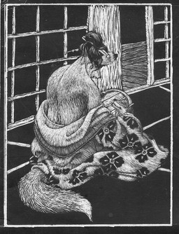 accessory anthro clothed clothing door female fur geisha hair hair_accessory hairpin inside kemono kneeling looking_at_mirror looking_at_object looking_at_reflection mirror open_clothing open_door reflection solo tied_hair anymouse1968 canid canine fox mammal black_and_white monochrome story story_in_description