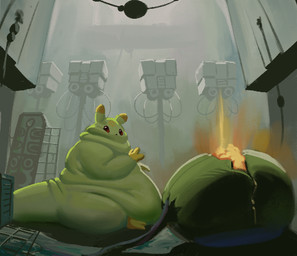 2_toes 3_fingers ambiguous_gender belly big_belly big_tail black_eyes building dewlap_(anatomy) feet feral fingers food fruit glowing glowing_object green_body huge_belly machine overweight overweight_ambiguous overweight_feral plant semi-anthro solo tail toes citrusslugcat rain_world videocult citrus_(slugcat) slugcat