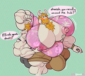 age_difference aloha_shirt anthro anthro_on_anthro areola armpit_hair barazoku beard belly belly_overhang biceps big_areola big_bulge big_muscles big_nipples big_pecs blush bodily_fluids body_hair bottomwear bracelet bulge chest_hair clothed clothing deltoids dialogue duo eyebrows facial_hair fur green_background hair heart_after_text heart_symbol horn huge_areola huge_bulge huge_muscles huge_nipples huge_pecs hyper hyper_bulge hyper_muscles hyper_pecs jewelry male male/male mature_anthro mature_male motion_lines musclegut muscular muscular_anthro muscular_male nipple_fetish nipple_outline nipple_pinch nipple_play nipple_slip nipples open_clothing open_shirt open_topwear pants pattern_clothing pattern_shirt pattern_topwear pec_grab pec_play pec_squish pecs pinch profanity quads reach_around shirt shorts simple_background size_difference smile squish standing stated_incest sweat talking_to_another tank_top text thick_arms thick_thighs tight_clothing topwear triceps tuft 69yano69 undertale undertale_(series) asgore_dreemurr asriel_dreemurr boss_monster_(undertale) bovid caprine goat mammal english_text hi_res signature father_(lore) father_and_child_(lore) father_and_son_(lore) incest_(lore) parent_(lore) parent_and_child_(lore) parent_and_son_(lore) son_(lore)