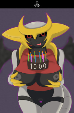 anthro anthrofied aura big_breasts black_nipples black_sclera breasts cake candle claws english_text female food giratina holding_breasts legendary_pokémon looking_at_viewer nintendo nipples pokémon pussy red_eyes solo text three-dog tongue tongue_out video_games wide_hips
Rating: Explicit
Score: 6
User: Colossal
Date: February 21, 2014