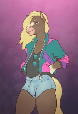 anthro bottomwear bulge clothing denim denim_bottomwear denim_clothing denim_shorts equine_tail eyebrows eyelashes eyewear facial_piercing jacket male nose_piercing nose_ring piercing ring_piercing shorts simple_background smile solo sunglasses topwear glopossum jules_(glopossum) equid equine horse mammal 2016