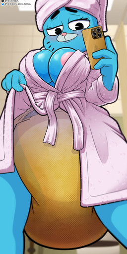 anthro bathrobe blue_body blue_fur bodily_fluids breasts clothed clothing diaper feces female full_diaper fur genital_fluids mature_anthro mature_female nipples robe soiled soiled_diaper soiling solo taking_picture towel towel_on_head unclean_diaper urine used_diaper wearing_diaper wet_diaper the_sheepl cartoon_network the_amazing_world_of_gumball nicole_watterson domestic_cat felid feline felis mammal absurd_res digital_media_(artwork) hi_res