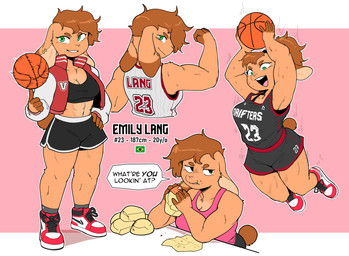 abs anthro asking athletic_wear ball basketball_(ball) basketball_uniform biceps black_bottomwear black_clothing black_shorts black_topwear bottomwear brazilian_flag breasts brown_hair burger circle_eyebrows cleavage clothed clothed_anthro clothed_female clothing collarbone dialogue ear_piercing eating eating_food eyebrows female female_anthro fingerless_(marking) fingers flexing flexing_bicep floppy_ears food footwear front_view fur green_eyes gym_bottomwear gym_shorts hair hand_on_hip holding_basketball jacket jersey jumping letterman_jacket looking_back lop_ears midriff muscular muscular_anthro muscular_female number number_on_clothing number_on_jersey piercing pink_clothing pink_shirt pink_topwear question red_clothing red_footwear red_shoes round_tail shirt shoelaces shoes shorts sleeveless_shirt sneakers solo speech_bubble spinning_ball sportswear standing tan_body tan_ears tan_fur text thick_thighs topwear uniform white_clothing white_footwear white_sclera white_shoes conditional_dnp sonokido ventura_city_drifters emily_lang lagomorph leporid mammal rabbit 2023 digital_media_(artwork) english_text full-length_portrait hi_res model_sheet portrait