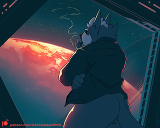 anthro black_nose bottomless butt cheek_tuft cigarette clothed clothing facial_tuft fur grey_body grey_ears grey_fur grey_tail hair holding_cigarette holding_object inside male male_anthro overweight overweight_anthro overweight_male planet short_hair smoke smoking solo standing star tail text tuft white_hair window chocolateandmilk nintendo star_fox wolf_o'donnell canid canine canis mammal wolf hi_res url