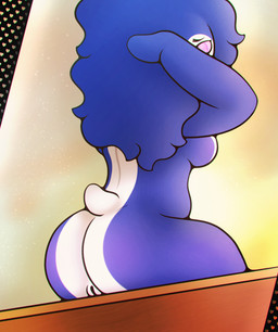 anthro bench big_butt breasts butt casual_nudity feathers female genitals hair hand_behind_head light looking_back on_bench side_boob sitting solo sunlight sunset tail tail_feathers thick_thighs vulva pengi_nsfw pengy_(pengi_nsfw) avian bird penguin absurd_res hi_res