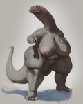 anthro areola belly big_areola big_belly big_breasts breasts closed_smile female genitals grey_background grey_body huge_breasts mouth_closed nipples nude overweight overweight_anthro overweight_female pussy simple_background smile solo standing unsigned wide_hips upai dinosaur prehistoric_species reptile scalie full-length_portrait hi_res portrait