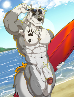 abs anthro armpit_hair balls barazoku beach black_nipples body_hair chest_tattoo chest_tuft eyewear flaccid footprint foreskin fur genitals glans grey_body grey_fur hair happy_trail holding_object holding_surfboard humanoid_genitalia humanoid_penis lifting_glasses long_hair looking_at_viewer male muscular muscular_male nipple_piercing nipples one_eye_closed pawprint pawprint_tattoo pecs penis piercing pink_glans presenting_armpit sand sharktooth_necklace showing_armpit smile smiling_at_viewer smirk smirking_at_viewer solo sunglasses sunglasses_lift surfboard tattoo tuft water white_body white_foreskin white_fur white_hair wink winking_at_viewer wolfybuns mac_b._howlin canid canine canis mammal wolf absurd_res hi_res
