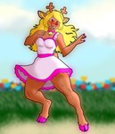 anthro bell bell_collar blush brown_body brown_fur buckteeth clothed clothing collar colored_nails dress female fur grass_field hooves horn nails pink_hooves red_blush red_eyes red_nose scut_tail short_tail snout solo tail teeth unguligrade whitestellar deltarune undertale_(series) noelle_holiday deer mammal new_world_deer full-length_portrait hi_res portrait shaded soft_shading