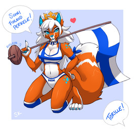 5_fingers anthro blue_claws blue_eyes blue_nose blue_text blue_tongue breasts claws cleavage clothed clothing digitigrade eyebrows female finger_claws fingers finland finnish_flag flag flag_(object) fur hair heart_symbol holding_flag holding_object midriff multicolored_body multicolored_fur orange_arms orange_body orange_fingers orange_fur orange_hands orange_legs orange_tail speech_bubble tail text tongue white_body white_breasts white_fingers white_fur white_hair white_hands naaraskettu canid canine fox mammal absurd_res finnish_text hi_res translated