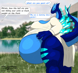 anthro belly big_belly big_breasts blue_body breasts butt clothed clothing dress eyelashes female glowing glowing_eyes hand_on_hip huge_belly huge_breasts hyper hyper_belly hyper_pregnancy looking_at_viewer markings overweight overweight_female pregnant pregnant_anthro pregnant_female raised_tail smile solo spikes tail text thick_thighs topwear veiny_belly white_clothing white_dress niko_stargazer nintendo pokemon nikostargazer generation_2_pokemon legendary_pokemon lugia pokemon_(species) absurd_res english_text hi_res