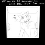 1:1 anthro beastars canid canine canis clothing comic dialogue english_text hi_res hladilnik legoshi_(beastars) looking_at_viewer male mammal monochrome offscreen_character polo_shirt shirt sketch solo text topwear wolf