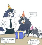 anthro birthday birthday_gift black_sclera blue_eyes blush blush_lines bone box breasts cheek_tuft clothed clothing container dialogue disembodied_head eyelashes eyes_closed facial_tuft female fluffy fluffy_tail fur furniture gift_box group hair happy_birthday hat headgear headwear male necktie open_mouth party_hat skull skull_head table tail tail_motion tailwag text tuft yipping tianiseul skull_dog_(tianiseul) canid canine mammal skulldog_(species) english_text hi_res