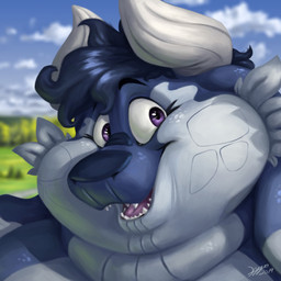 anthro big_cheeks blue_body blue_hair blurred_background cute_fangs detailed_mouth fangs fat_rolls female hair horn looking_at_viewer obese obese_anthro obese_female open_mouth overweight overweight_anthro overweight_female purple_eyes sky slightly_chubby slightly_chubby_anthro slightly_chubby_female smile solo teeth kygen komi_(fatty-sashimi) aquatic cetacean hybrid mammal whale_dragon 1:1 2019 digital_media_(artwork) headshot_portrait hi_res icon painting_(artwork) portrait shaded