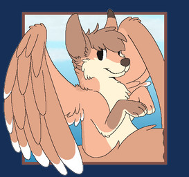 ambiguous_gender blue_background border brown_border brown_hair brown_inner_ear brown_markings brown_nose countershade_fur countershading feathered_wings feathers feral feral_with_hair fur hair markings orange_body orange_fur outside_border paws simple_background smile snout solo tail tan_body tan_countershading tan_fur wings sebdoggo canid canine fox mammal 2014 aliasing alpha_channel digital_drawing_(artwork) digital_media_(artwork) flat_colors half-length_portrait microsoft_paint_(artwork) portrait