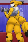 annoyed anthro anus bdgym bottomless breasts butt clothed clothing exercise female full_render genitals gym hair inside looking_at_viewer low-angle_view neck_tuft partially_clothed pussy short solo standing toony tuft weights workout bear213 bandai_namco digimon digimon_(species) renamon 2024 digital_media_(artwork) hi_res