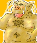 anthro belly blush brown_body brown_fur eyes_closed fur humanoid_hands kemono male moobs navel nipples overweight overweight_anthro overweight_male solo k_oogami oogamikennta mammal suid suine sus_(pig) wild_boar 2005 digital_media_(artwork) low_res oekaki