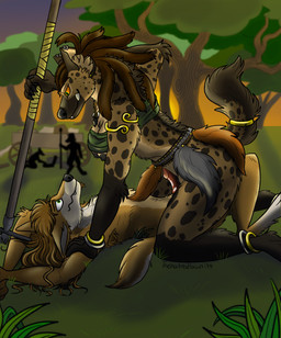 anthro breasts dominant dominant_female dreadlocks duo ear_piercing female female_on_top genitals jewelry male male/female markings mullet nipple_slip on_top penis piercing pinned pinned_to_ground scaroused spots spotted_body tail thehatredburrito canid canine canis dingo gnoll hyena mammal hi_res