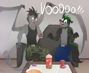 2_horns anthro beverage beverage_bottle big_wings biped black_body black_clothing black_fur black_hair black_nose black_shirt black_tank_top black_topwear blue_bottomwear blue_clothing blue_pants bottle bottomwear camo camo_bottomwear camo_clothing camo_pants camo_print claws clothed clothing container countershade_face countershade_fur countershade_torso countershading duo food front_view fur furniture green_hair grey_body grey_countershading grey_fur hair holding_object horn inside male membrane_(anatomy) membranous_wings mohawk multicolored_body navel on_sofa open_mouth pants pattern_bottomwear pattern_clothing pattern_pants shirt sitting sitting_on_sofa sofa tank_top teeth text tongue topwear two_tone_body wings fuf european_mythology mythology canid canine canis dragon mammal mythological_creature mythological_scalie scalie western_dragon wolf 2019 english_text hi_res