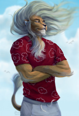 anthro arm_tuft biped black_nose blue_sky brown_body brown_fur brown_tail clothed clothing cloud crossed_arms depth_of_field elbow_tuft eyebrows eyes_closed front_view fully_clothed fur grey_mane male mane multicolored_body multicolored_fur outside red_clothing red_shirt red_topwear shirt sky solo standing tail tail_tuft topwear tuft two_tone_body two_tone_fur white_body white_fur wind shaneinvasion felid lion mammal pantherine 2017 digital_media_(artwork) half-length_portrait hi_res portrait watermark