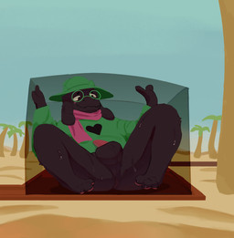 3_toes 4_fingers anthro anus balls black_balls black_body black_butt blush bodily_fluids bottomless bottomless_anthro bottomless_male butt clothed clothed_anthro clothing container desert eyewear feet fingers floppy_ears front_view fur genitals glasses green_clothing green_eyewear green_shirt green_topwear green_tunic hat headgear headwear heart_symbol horn in_container long_ears male monotone_body penis pink_scarf round_glasses scarf shirt sitting smile solo spread_legs spreading sweat sweatdrop sweaty_butt toes topwear tunic cocofish deltarune undertale_(series) ralsei bovid caprine darkner goat mammal absurd_res hi_res