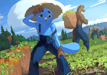 anthro blue_hair clothed clothing day eyebrows female flat_chested gloves group hair hand_on_knee hand_on_leg hand_on_own_knee hand_on_own_leg handwear hat headgear headwear leaning leaning_forward male mature_anthro mature_female muscular muscular_male nipples outside overalls standing text whiskers matchattea cartoon_network the_amazing_world_of_gumball nicole_watterson domestic_cat equid equine felid feline felis horse mammal 2026 artist_name url
