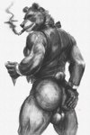 5_fingers alternate_form anthro anus arm_tuft backsack balls belly_tuft biceps big_muscles bottomless bottomless_anthro bottomless_male butt butt_focus cigar cigar_in_mouth claws clothed clothed_anthro clothed_male clothing deltoids detailed_shading ear_tuft eating eyebrows fingers food forearm_muscles fur fur_tuft genitals hamstrings hand_on_butt hand_on_own_butt holding_food holding_object holding_pizza humanoid_hands light logo looking_at_viewer looking_away looking_back looking_back_at_viewer male male_anthro mouth_closed muscular muscular_anthro muscular_arms muscular_legs muscular_male neck_tuft neckwear object_in_mouth pizza realistic rear_view simple_background smoke smoking smoking_cigar solo standing tail tail_tuft tight_vest topwear triceps tuft vest waiter white_background themstupidvultures five_nights_at_freddy's scottgames freddy_(fnaf) bear brown_bear mammal ursine absurd_res graphite_(artwork) hi_res lighting monochrome portrait shaded signature three-quarter_portrait traditional_media_(artwork)