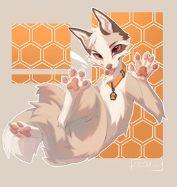 abstract_background anthro arm_tuft belly brown_ears cheek_tuft collar dipstick_tail elbow_tuft facial_tuft feet fluffy fluffy_tail foot_focus fur handpaw head_tuft hindpaw looking_at_viewer lying male markings neck_tuft on_back orange_collar pawpads paws pink_nose pink_pawpads raised_arm raised_leg simple_background smile solo tail tail_markings tan_body tan_fur tongue tongue_out tuft white_belly white_body white_fur white_head white_tail_tip filoubee canid canine mammal absurd_res hi_res