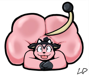 anthro ass_up big_butt black_ears black_nose black_tail_tip butt dipstick_tail female horn hyper looking_at_viewer markings pink_body raised_tail simple_background solo tail tail_markings thick_thighs tongue tongue_out white_background white_horn lewdewott nintendo pokemon generation_2_pokemon miltank pokemon_(species) 2025 signature