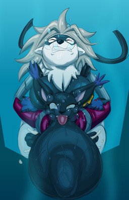 abdominal_bulge ambiguous_penetration anthro balls belly big_belly big_breasts black_body black_fur bodily_fluids breasts clothing cum cum_inflation cum_inside cybernetic_arm cybernetic_limb duo eyes_closed female footwear fur genital_fluids genitals grey_body grey_fur grey_hair gynomorph hair huge_belly inflation intersex intersex/female male male/female mask mechanical_arm nude open_mouth penetration sex shoes teeth tongue tongue_out underwater underwater_sex water white_body white_fur yellow_eyes kiffy_(artist) bandai_namco digimon blackgatomon digimon_(species) wolvermon 2025 digital_media_(artwork) hi_res