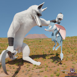 animal_genitalia anthro arm_wrapping arm_wraps balls big_ear black_nose black_sclera blue_body blue_fur canine_genitalia dangling dangling_legs desert dual_wielding duo eye_contact facial_markings floppy_ears fluffy frown fur fuzzy genitals grass grin head_markings holding_object holding_weapon long_ears looking_at_another male male/male markings mask_(marking) nervous nude outback outside penis penis_tip pink_nose plant red_eyes retracted_sheath sheath sickle size_difference smile standing tail text weapon whiskers white_body white_fur wrapped_arms wraps rasterraccoon rasterraccoon_(modeler) bilby_(dreamworks) dreamworks larrikins puss_in_boots_(franchise) death_(puss_in_boots) perry_(bilby) bandicoot bilby canid canine canis mammal marsupial wolf 3d_(artwork) absurd_res blender_(artwork) blender_cycles_(artwork) crossover digital_media_(artwork) english_text hi_res watermark