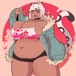 belly big_belly big_breasts blue_eyes bottomwear breasts cleavage clothed clothing dark_body dark_skin ear_piercing female gesture hair hand_gesture huge_breasts jacket looking_at_viewer markings mole_(marking) navel navel_piercing one_eye_closed overweight overweight_female overweight_humanoid piercing shorts simple_background smile smiling_at_viewer solo spots spotted_markings spotted_tail tail tail_markings topwear v_sign white_hair wink winking_at_viewer low_res_art animal_humanoid felid felid_humanoid humanoid mammal mammal_humanoid pantherine pantherine_humanoid snow_leopard_humanoid hi_res