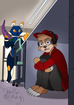 ambiguous_gender anthro blue_eyes breasts brown_body brown_fur chair cleavage clothed clothing desk dildo duo electronics female fur furniture headphones hiding humor machine mascot nervous office scared sex_toy table tentacles e621 hiding_from_terminator_(meme) esix domestic_cat felid feline felis mammal pilosan robot sloth xenarthran hi_res meme
