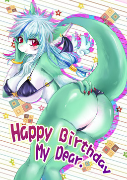 anthro big_breasts bikini blue_hair breasts clothing female fur hair happy looking_at_viewer naughty_face non-mammal_breasts red_eyes simple_background smile solo swimwear tail text two-piece_swimsuit unknown_artist mythology lusyue dragon furred_dragon furred_scalie mythological_creature mythological_scalie scalie english_text hi_res source_request