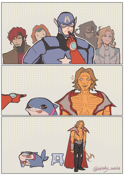 blonde_hair border female feral furniture gold_skin group hair humor male sad stool superhero white_border stinkyrattie33 marvel marvel_rivals adam_warlock captain_america cloak_(marvel) dagger_(marvel) gambit_(marvel) jean_grey jeff_the_land_shark aquatic fish human humanoid mammal shark comic hi_res