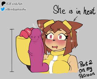 anthro aroused big_breasts big_dildo black_nose breasts brown_hair clothed clothing dildo eyewear fangs female forearm_test fur goggles hair in_heat looking_at_dildo looking_at_object looking_at_sex_toy patreon_ad robotic_arm sex_toy solo standing teeth topwear elferdiart gameoverse glitch_productions patreon kit_bodega domestic_cat felid feline felis humanoid mammal hi_res