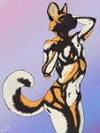 anthro black_body black_fur female flat_chested fur genitals innie_pussy multicolored_body navel nude orange_body orange_eyes orange_fur pussy simple_background smile solo standing white_body white_fur dimonis african_wild_dog canid canine mammal 2022 3:4 colored_sketch digital_media_(artwork) hi_res sketch