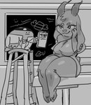 ambiguous_gender anthro big_butt butt circle_eyebrows clipboard doctor duo eye_contact eyebrows female hooves horn hospital_gown ladder looking_at_another simple_eyes sitting thick_thighs lostwisdom blob_creature bovid caprine goat mammal monochrome